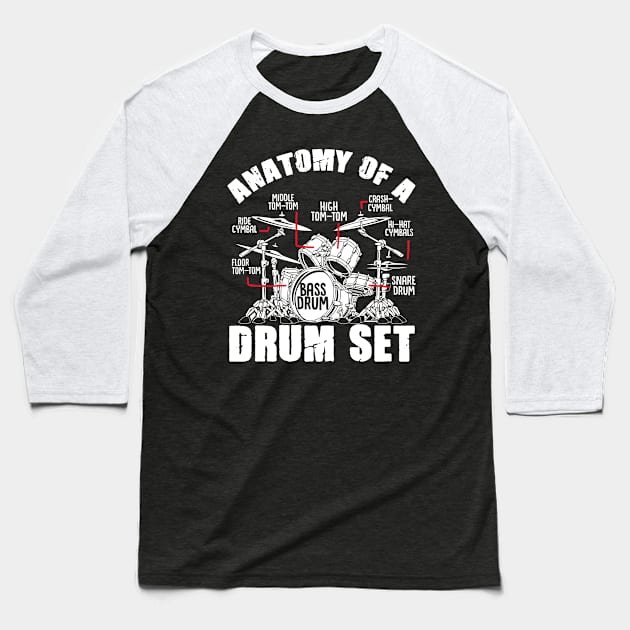 Anatomy Of A Drum Set  Drummer Musician Drumsticks Baseball T-Shirt by Caskara